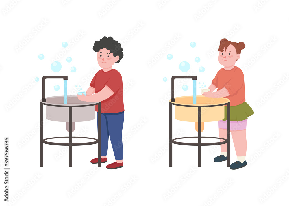 Kids wash hands with soap flat color vector faceless character set. Children rinsing and rubbing hands for precaution isolated cartoon illustration for web graphic design and animation collection