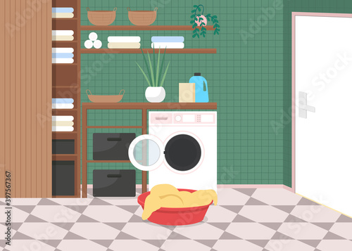 Laundry at home flat color vector illustration. Household room for chores. Automatic washing machine. Clean clothes. Bathroom 2D cartoon interior with luxury furniture on background