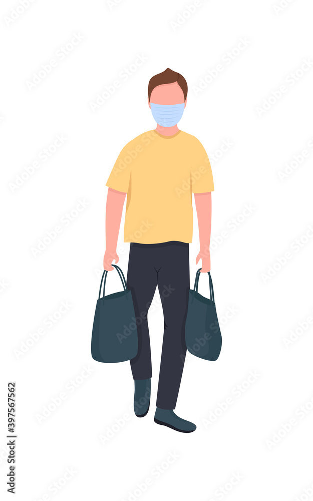 Caucasian man in mask with bags flat color vector faceless character. Courier walk with packets. Shopping during covid lockdown isolated cartoon illustration for web graphic design and animation