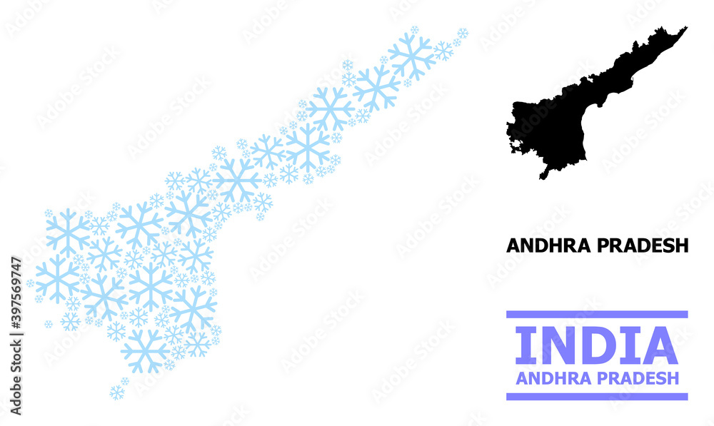 Vector composition map of Andhra Pradesh State constructed for New Year, Christmas celebration, and winter. Mosaic map of Andhra Pradesh State is constructed with light blue snow parts.