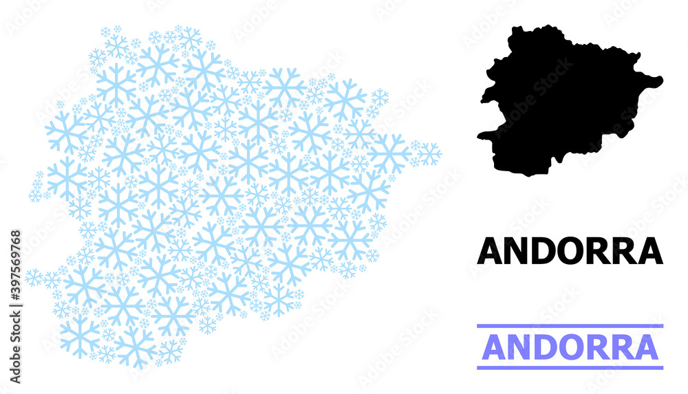 Vector mosaic map of Andorra created for New Year, Christmas celebration, and winter. Mosaic map of Andorra is designed from light blue snowflakes. Design template for patriotic and New Year posters.