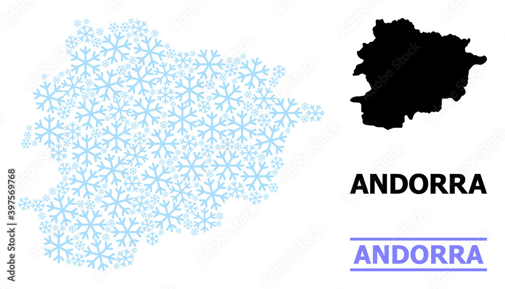 Obraz premium Vector mosaic map of Andorra created for New Year, Christmas celebration, and winter. Mosaic map of Andorra is designed from light blue snowflakes. Design template for patriotic and New Year posters.