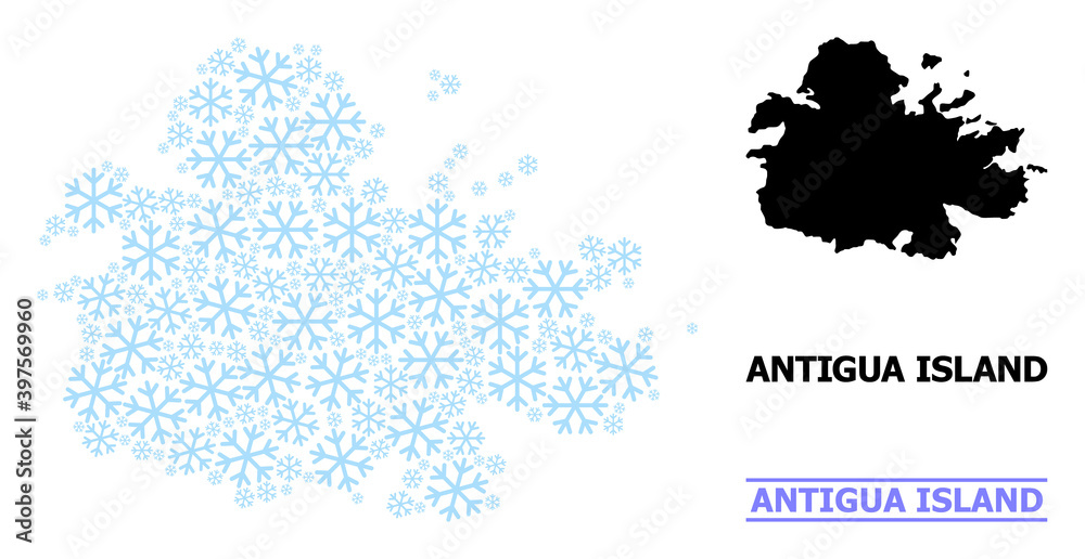 Vector mosaic map of Antigua Island organized for New Year, Christmas celebration, and winter. Mosaic map of Antigua Island is formed from light blue snow icons.