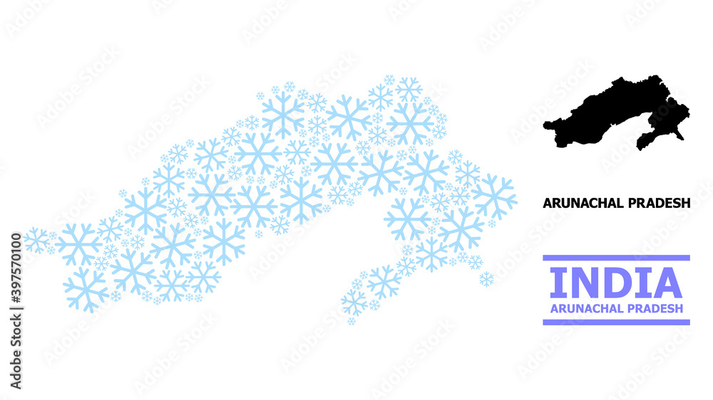 Obraz premium Vector mosaic map of Arunachal Pradesh State constructed for New Year, Christmas celebration, and winter. Mosaic map of Arunachal Pradesh State is constructed from light blue snow elements.