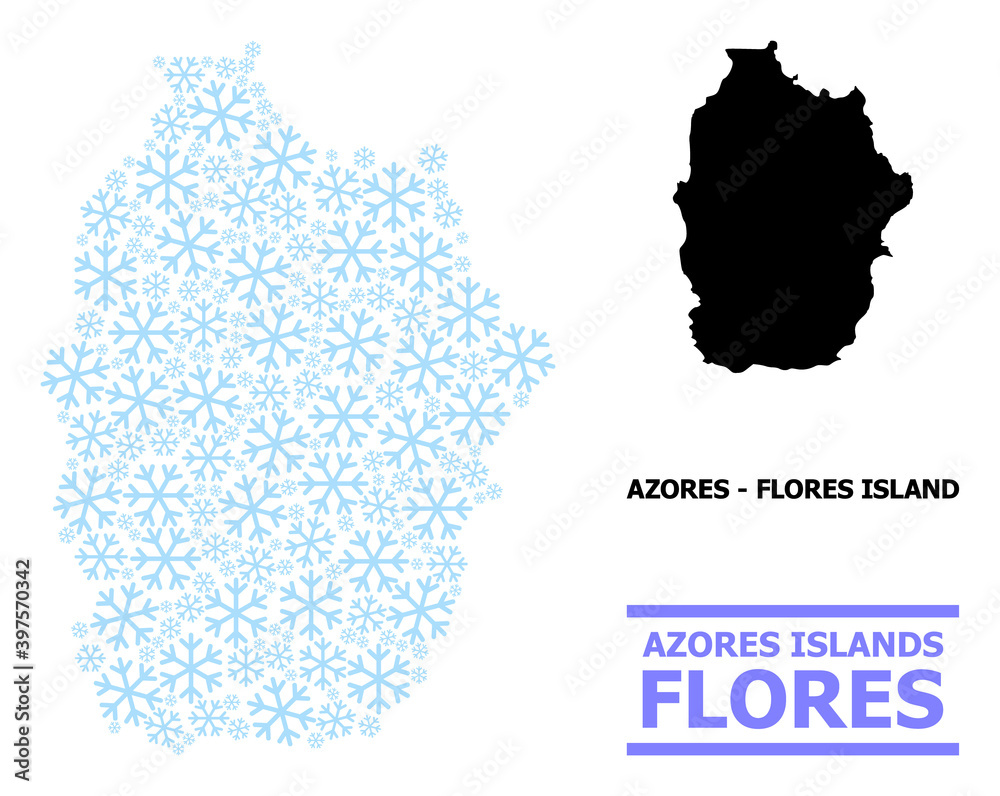 Vector collage map of Azores - Flores Island done for New Year, Christmas celebration, and winter. Mosaic map of Azores - Flores Island is created with light blue snow items.
