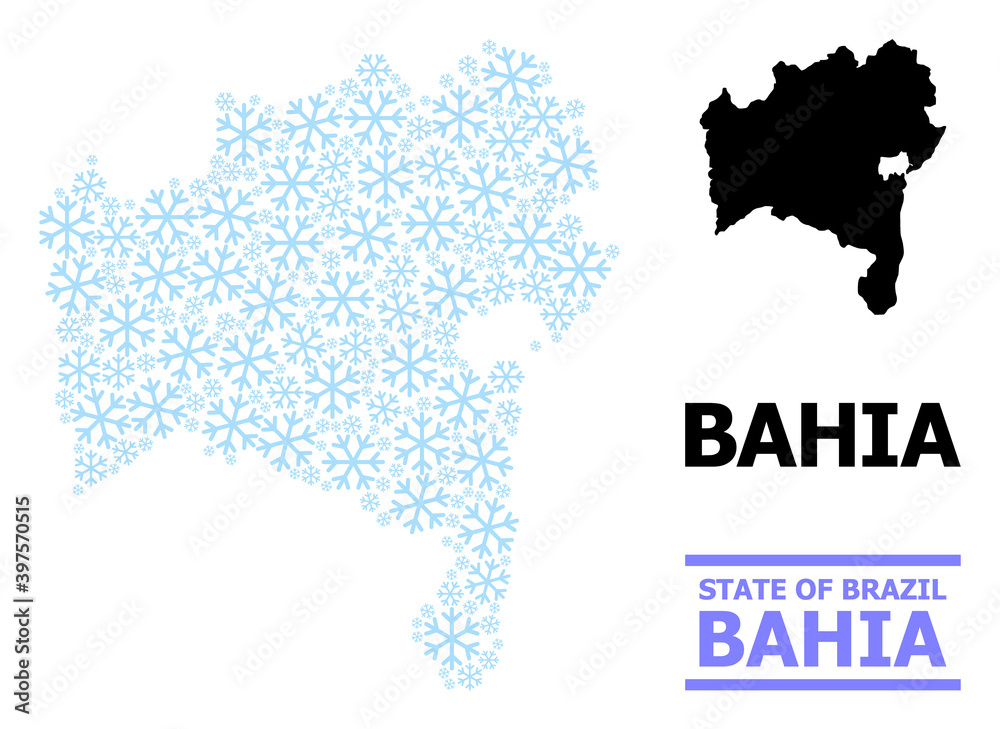 Obraz premium Vector mosaic map of Bahia State organized for New Year, Christmas celebration, and winter. Mosaic map of Bahia State is organized from light blue snow elements.