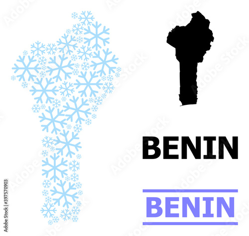 Vector collage map of Benin designed for New Year, Christmas celebration, and winter. Mosaic map of Benin is designed of light blue snow items. Design template for patriotic and Christmas projects. photo