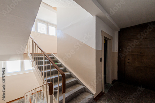 Russia, Moscow- April 17, 2020: interior public place, house entrance. doors, walls, staircase corridors, stairs, steps