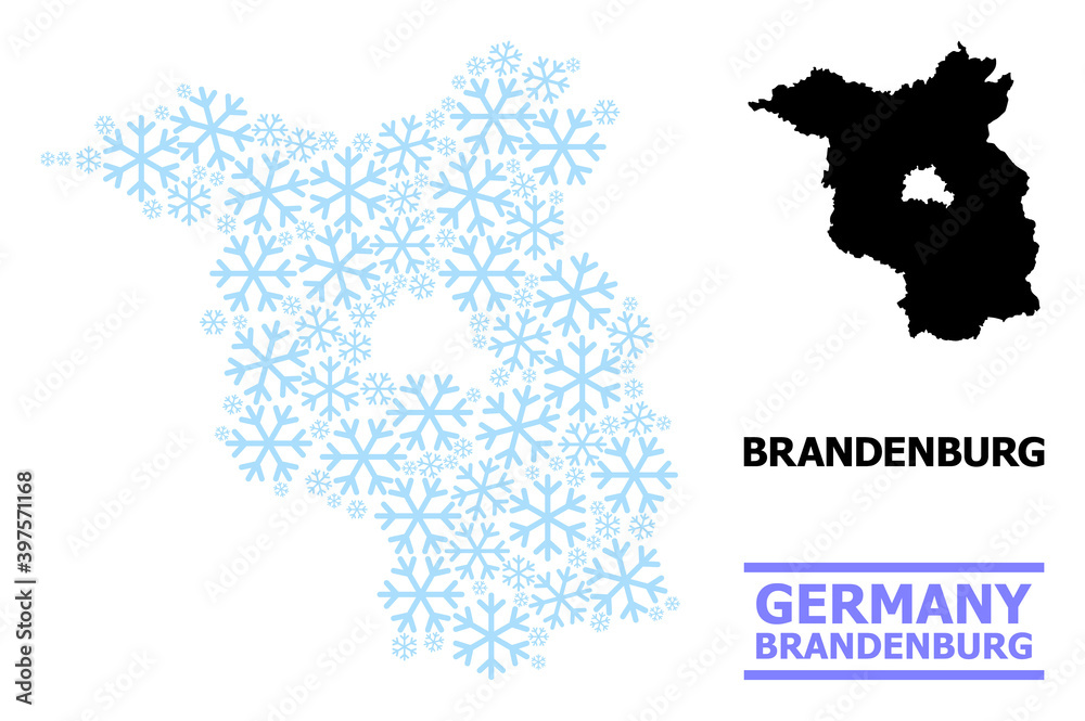 Vector mosaic map of Brandenburg State designed for New Year, Christmas celebration, and winter. Mosaic map of Brandenburg State is constructed from light blue snow elements.