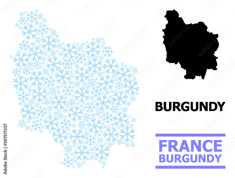 Vector mosaic map of Burgundy Province organized for New Year, Christmas celebration, and winter. Mosaic map of Burgundy Province is created with light blue snow items.
