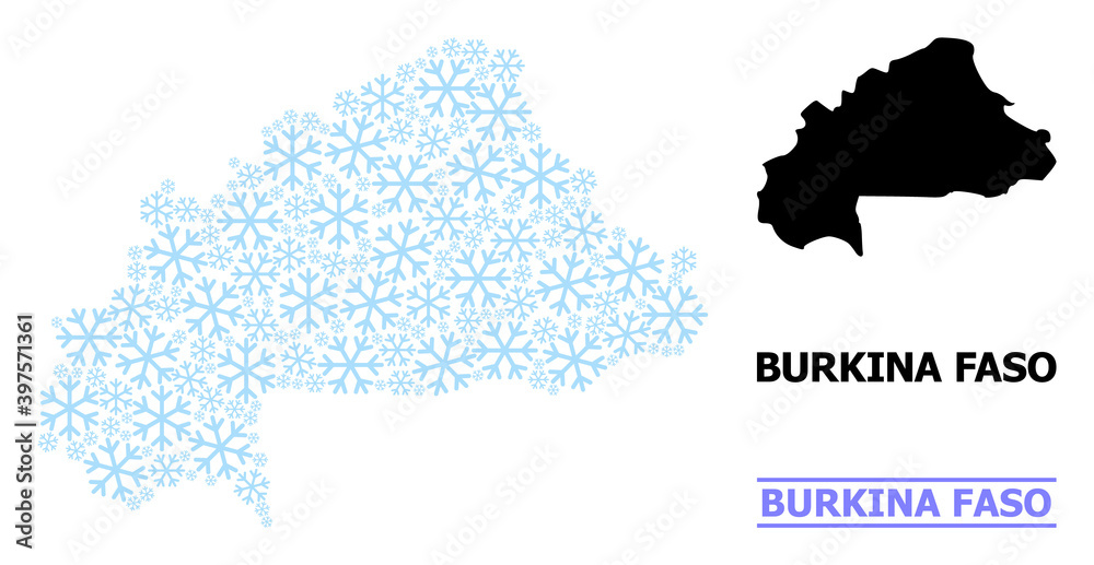 Obraz premium Vector mosaic map of Burkina Faso constructed for New Year, Christmas celebration, and winter. Mosaic map of Burkina Faso is made of light blue snow icons.