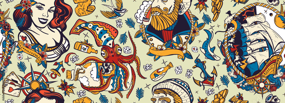 Naklejka premium Sea adventure vintage seamless pattern. Old school tattoo style. Marine background. Funny underwater monster. Sea wolf captain, octopus kraken, pirate ship and sailor girl. Nautical art