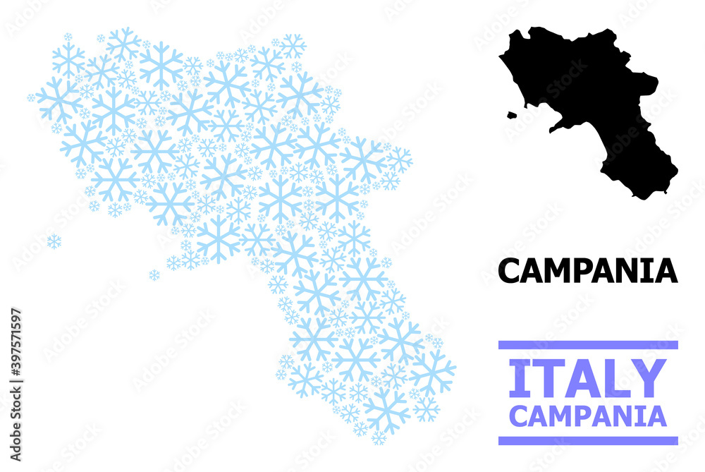 Fototapeta premium Vector mosaic map of Campania region combined for New Year, Christmas celebration, and winter. Mosaic map of Campania region is shaped from light blue snow items.