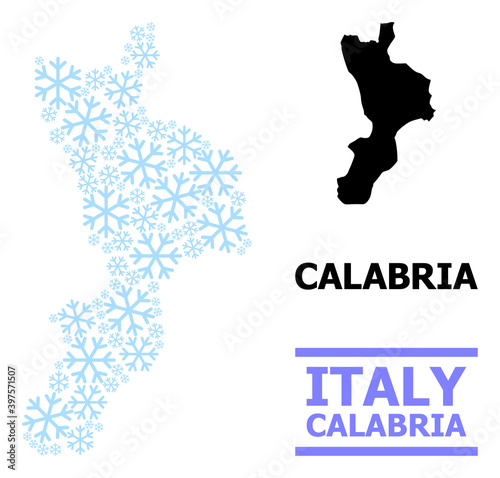 Vector mosaic map of Calabria region organized for New Year, Christmas celebration, and winter. Mosaic map of Calabria region is organized from light blue snow elements. photo