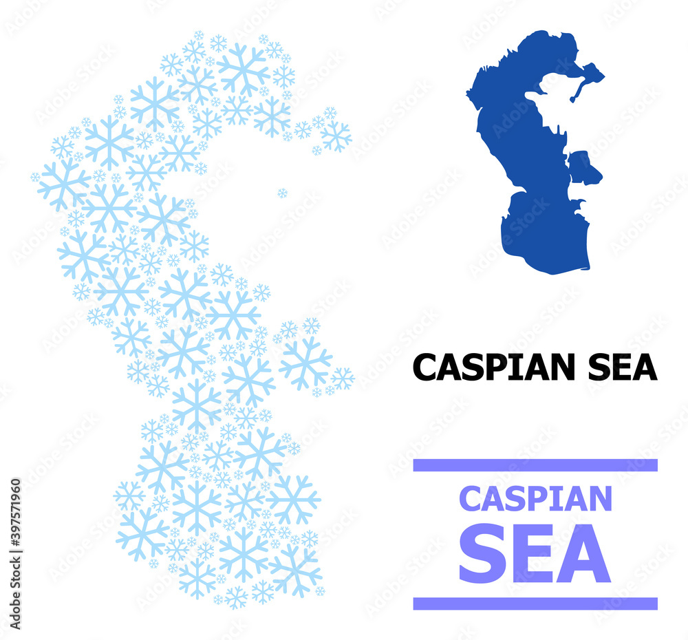 Vector mosaic map of Caspian Sea constructed for New Year, Christmas celebration, and winter. Mosaic map of Caspian Sea is formed with light blue snow icons.