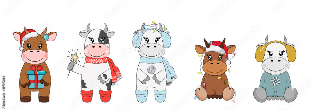 Christmas bulls set. Ox horoscope sign. Happy new year. Vector illustration. Christmas bulls set. Ox horoscope sign. Happy new year. Vector illustration.