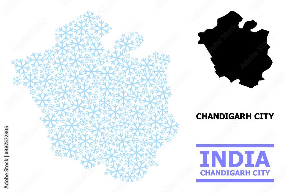 Fototapeta premium Vector mosaic map of Chandigarh City organized for New Year, Christmas celebration, and winter. Mosaic map of Chandigarh City is created with light blue snow items.