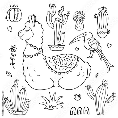 Cute Vector Llama Alpaca coloring page