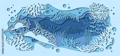 template for making a lamp or postcard. vector image for laser cutting and plotter printing. fauna with marine animals.