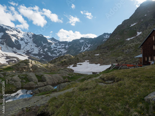 View from Bremer Hutte with lake from melting snow tongues and snow-capped moutain peaks, lush green meadow, blue sky backgound. Late spring sunny afternoon, vibrant colors