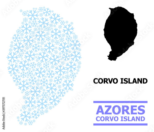 Vector mosaic map of Corvo Island combined for New Year, Christmas celebration, and winter. Mosaic map of Corvo Island is designed with light blue snow icons.