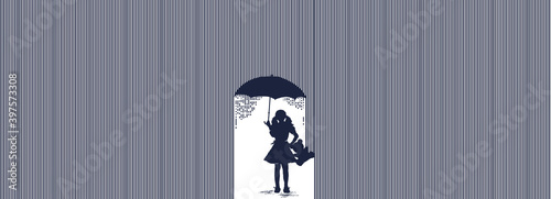 Girl in rain tattoo. Symbol of protection of children, depression. Black and white surreal graphic