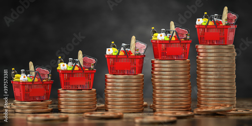 Growth of food sales or growth of market basket or consumer price index concept. Shopping basket with foods on coin stacks.