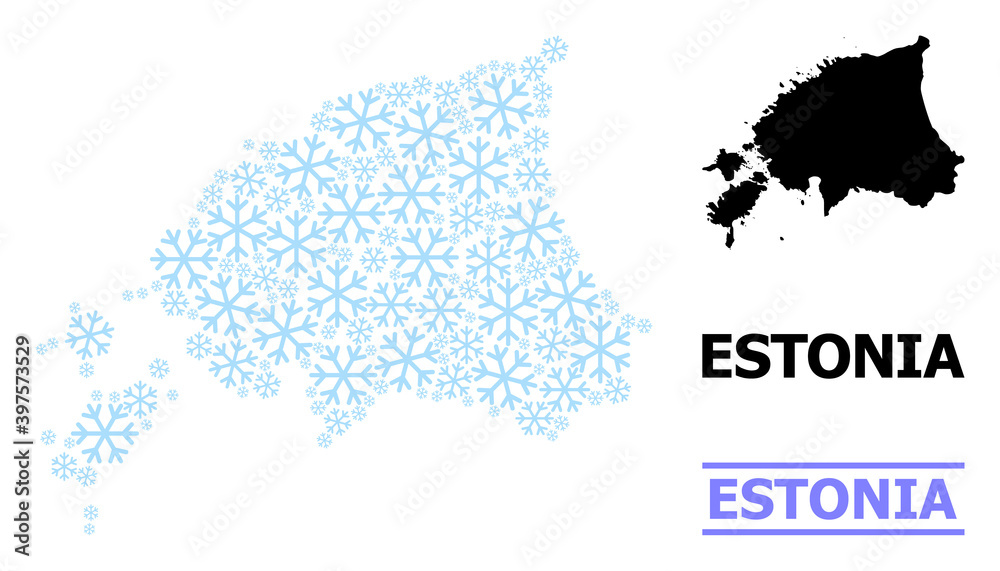 Obraz premium Vector collage map of Estonia done for New Year, Christmas celebration, and winter. Mosaic map of Estonia is constructed with light blue snowflakes.