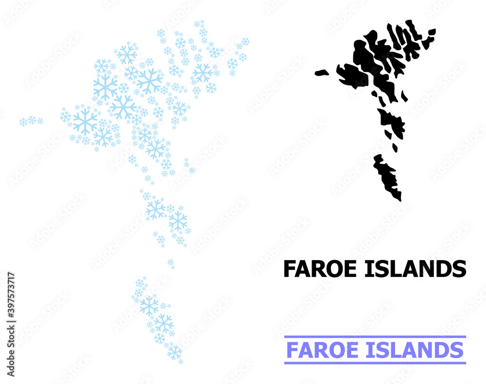 Fototapeta premium Vector mosaic map of Faroe Islands done for New Year, Christmas celebration, and winter. Mosaic map of Faroe Islands is done from light blue snow flakes.
