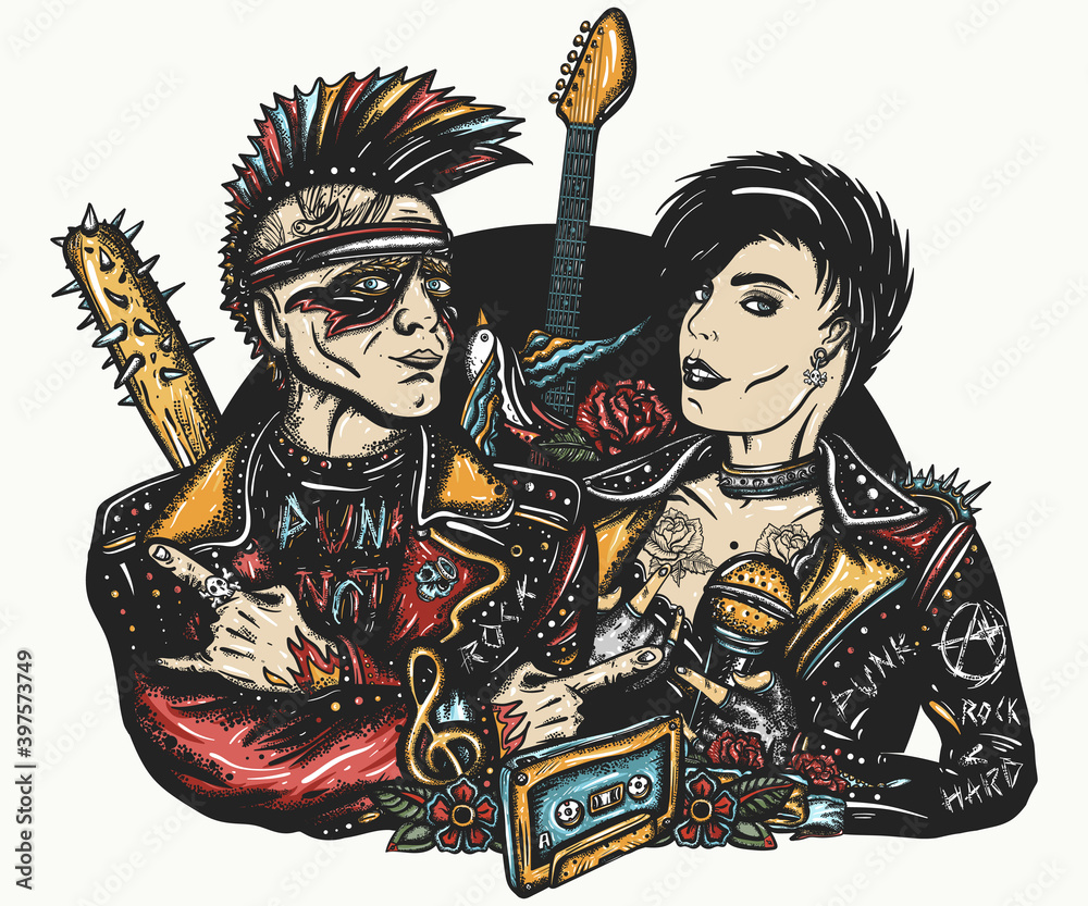 Punk music. Punker with mohawk hairstyle, guitarist. Anarchy art. Rock and  roll couple. Hooligans lifestyle. Musicians and electric guitar. Street  music culture. Tattoo and t-shirt design Stock Vector | Adobe Stock