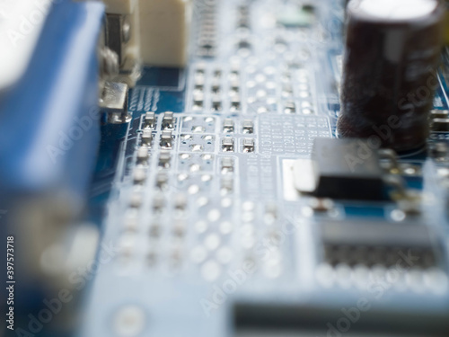 Micro electronics components. Semiconductor elements and micro schemes closeup. photo