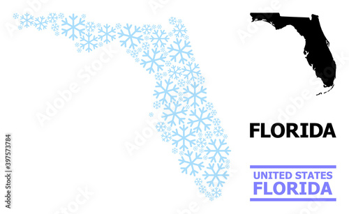 Vector mosaic map of Florida State organized for New Year, Christmas celebration, and winter. Mosaic map of Florida State is organized with light blue snow items.