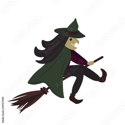 Witch is flying on the broom stick. Old ugly female with big nose is sitting on the broom. Flat hand drawn character for Halloween, fantasy, witchcraft, befana day. Vector isolated on white background