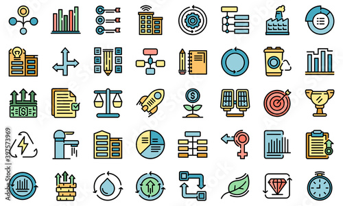 Sustainable development icons set. Outline set of sustainable development vector icons thin line color flat on white
