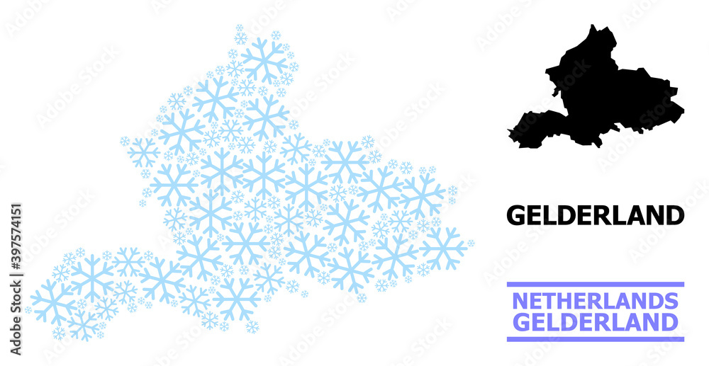 Vector composition map of Gelderland Province designed for New Year, Christmas celebration, and winter. Mosaic map of Gelderland Province is composed from light blue snow items.