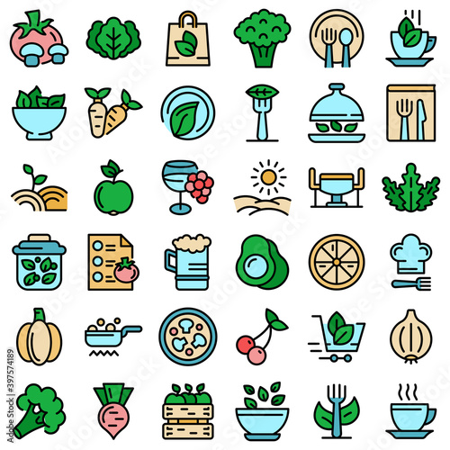 Organic restaurant icons set. Outline set of organic restaurant vector icons thin line color flat on white