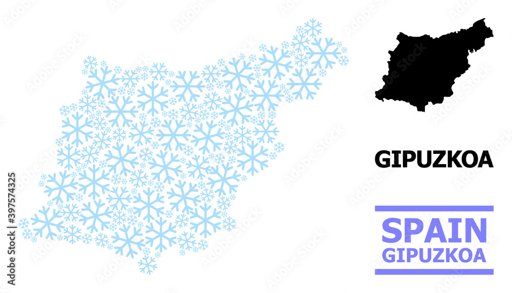 Obraz premium Vector mosaic map of Gipuzkoa Province combined for New Year, Christmas celebration, and winter. Mosaic map of Gipuzkoa Province is constructed of light blue snow items.