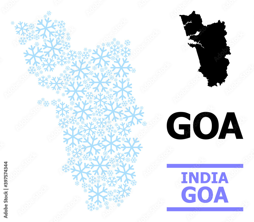 Vector mosaic map of Goa State constructed for New Year, Christmas celebration, and winter. Mosaic map of Goa State is composed of light blue snow elements.