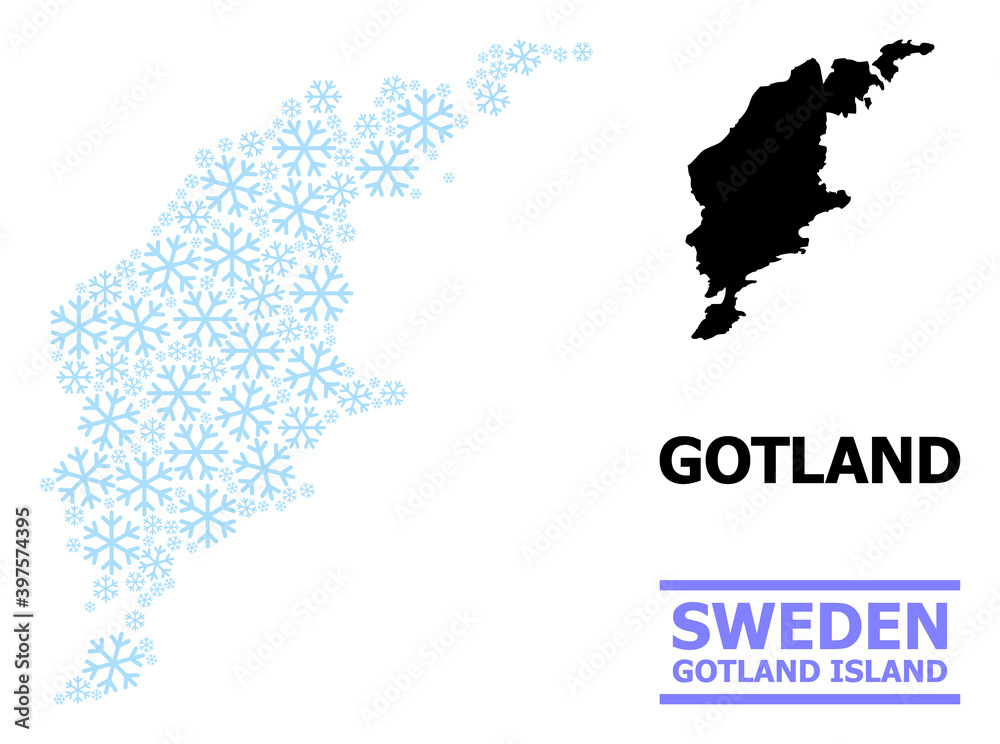 Vector mosaic map of Gotland Island combined for New Year, Christmas celebration, and winter. Mosaic map of Gotland Island is created of light blue snow items.