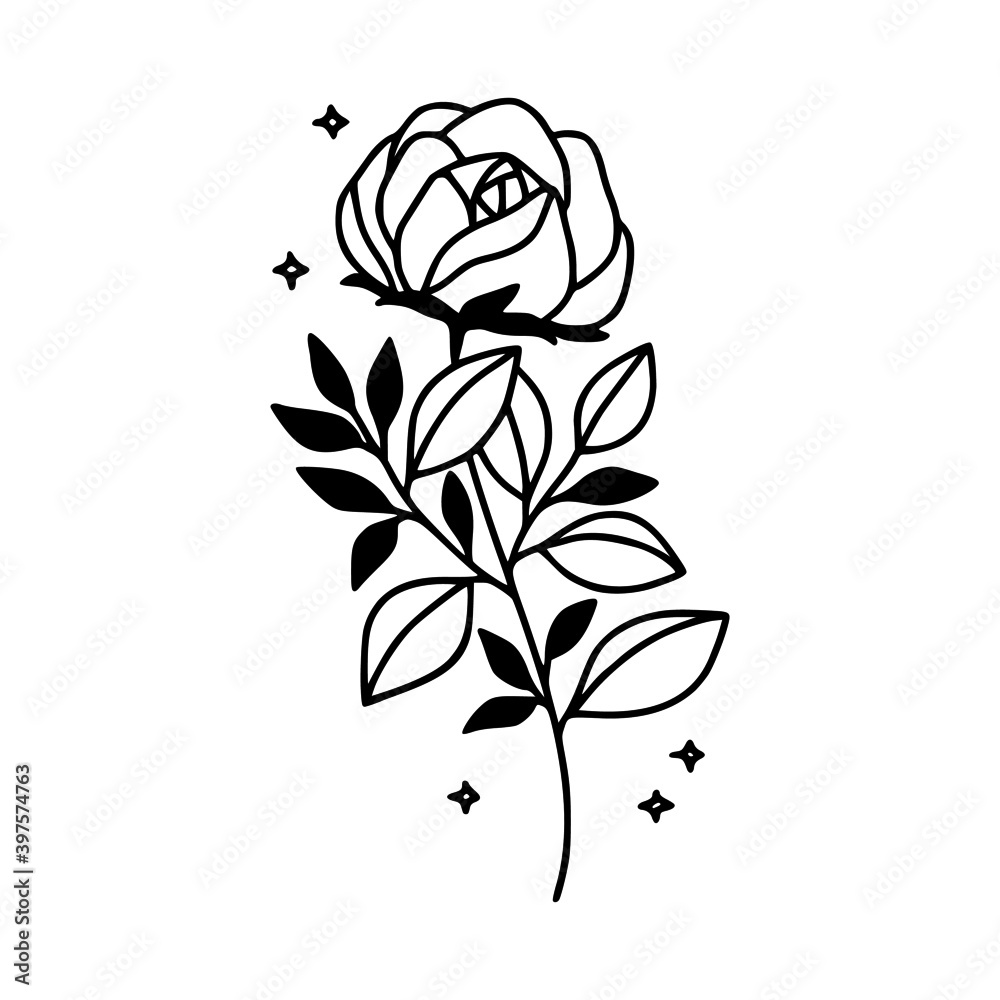 Hand drawn vector feminine logo design line art. Rose flower and botanical leaf branch illustration. Symbols and icon for wedding, business card, cosmetics, jewel, brand, and beauty products