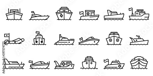 Rescue boat icons set. Outline set of rescue boat vector icons for web design isolated on white background