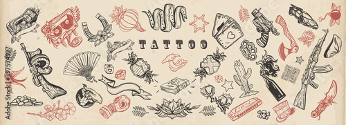 Tattoo elements collection. Big set for design. Old school flash tattooing style, vector graphic art