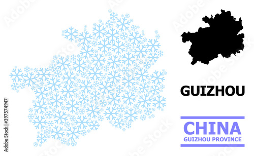 Vector collage map of Guizhou Province created for New Year, Christmas celebration, and winter. Mosaic map of Guizhou Province is constructed of light blue snow items.