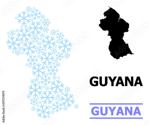 Vector mosaic map of Guyana done for New Year, Christmas celebration, and winter. Mosaic map of Guyana is constructed from light blue snow items. Design elements for political and Christmas projects.
