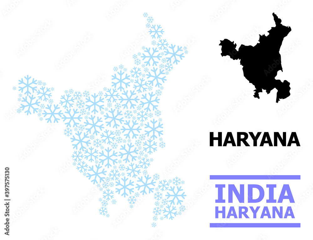 Obraz premium Vector collage map of Haryana State done for New Year, Christmas celebration, and winter. Mosaic map of Haryana State is organized with light blue snow elements.