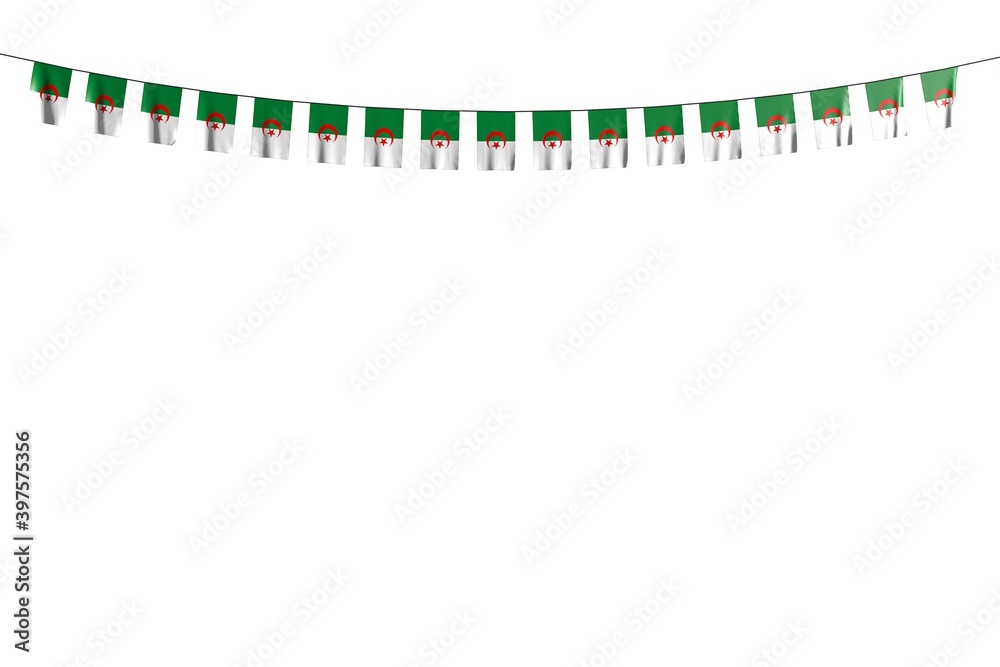 nice many Algeria flags or banners hangs on rope isolated on white - any celebration flag 3d illustration.. nice many Algeria flags or banners hangs on rope isolated on white - any celebration flag 3d illustration..