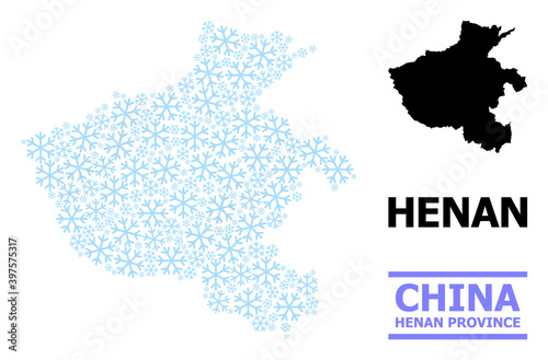 Vector mosaic map of Henan Province organized for New Year, Christmas celebration, and winter. Mosaic map of Henan Province is created from light blue snow items. photo