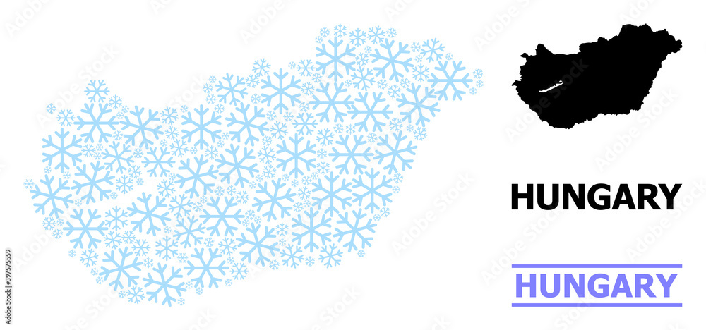 Obraz premium Vector mosaic map of Hungary created for New Year, Christmas celebration, and winter. Mosaic map of Hungary is designed from light blue snow icons. Design template for patriotic and New Year projects.
