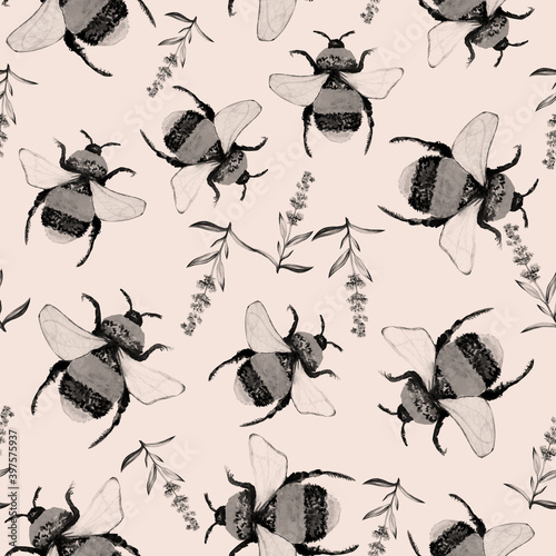 Watercolor seamless pattern of bee, lavender flower. © NATALIIA TOSUN
