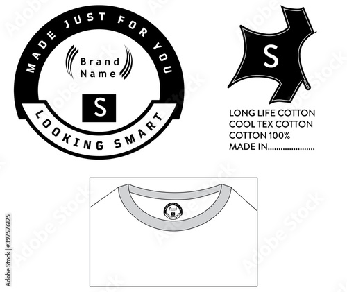 Back neck label inner print for t-shirt. Brand print, Size print, Label print.